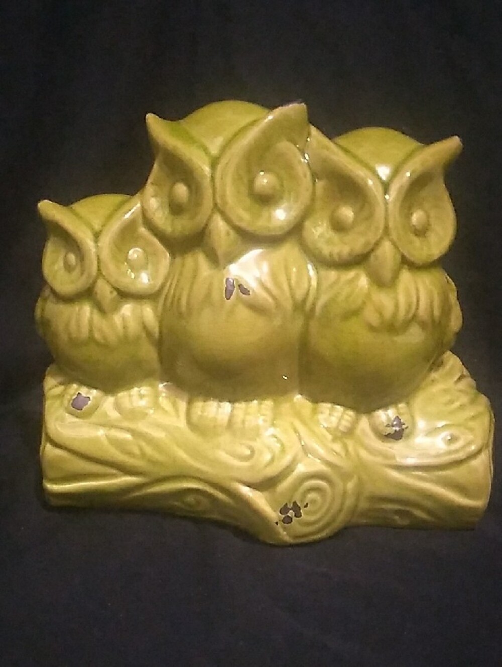 Vintage Ceramic Trio of Owls Green Glaze Figurine (B7) - Picture 1 of 11